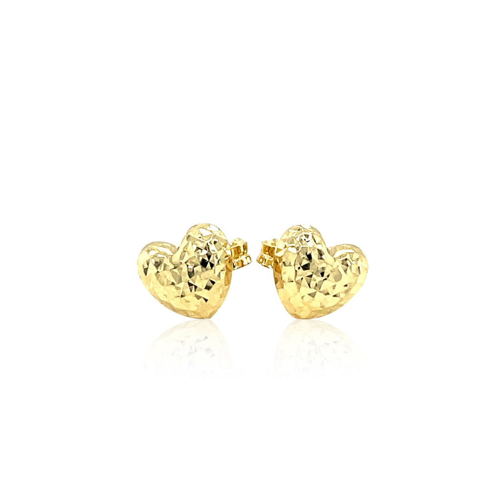 14k yellow gold diamond-cut puffed heart earrings with a minimalist design, perfect for elegant occasions.