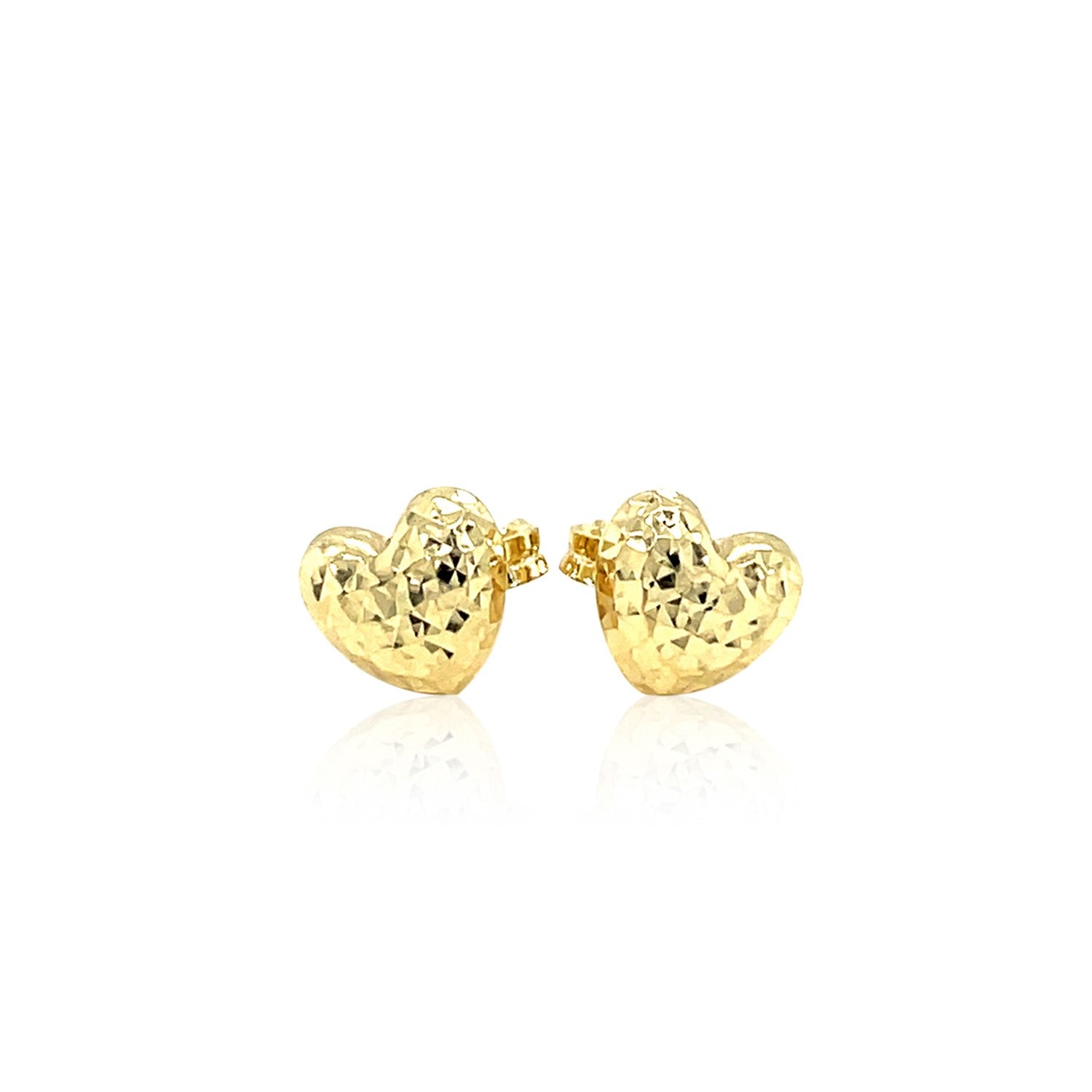 14k yellow gold diamond-cut puffed heart earrings with a minimalist design, perfect for elegant occasions.