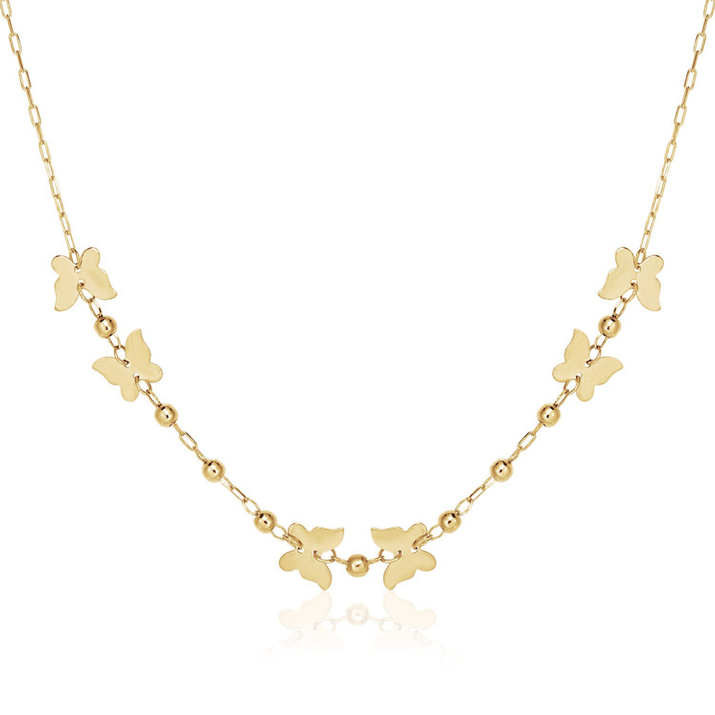 14k yellow gold 18-inch necklace featuring polished butterflies and beads in a contemporary luxury design.
