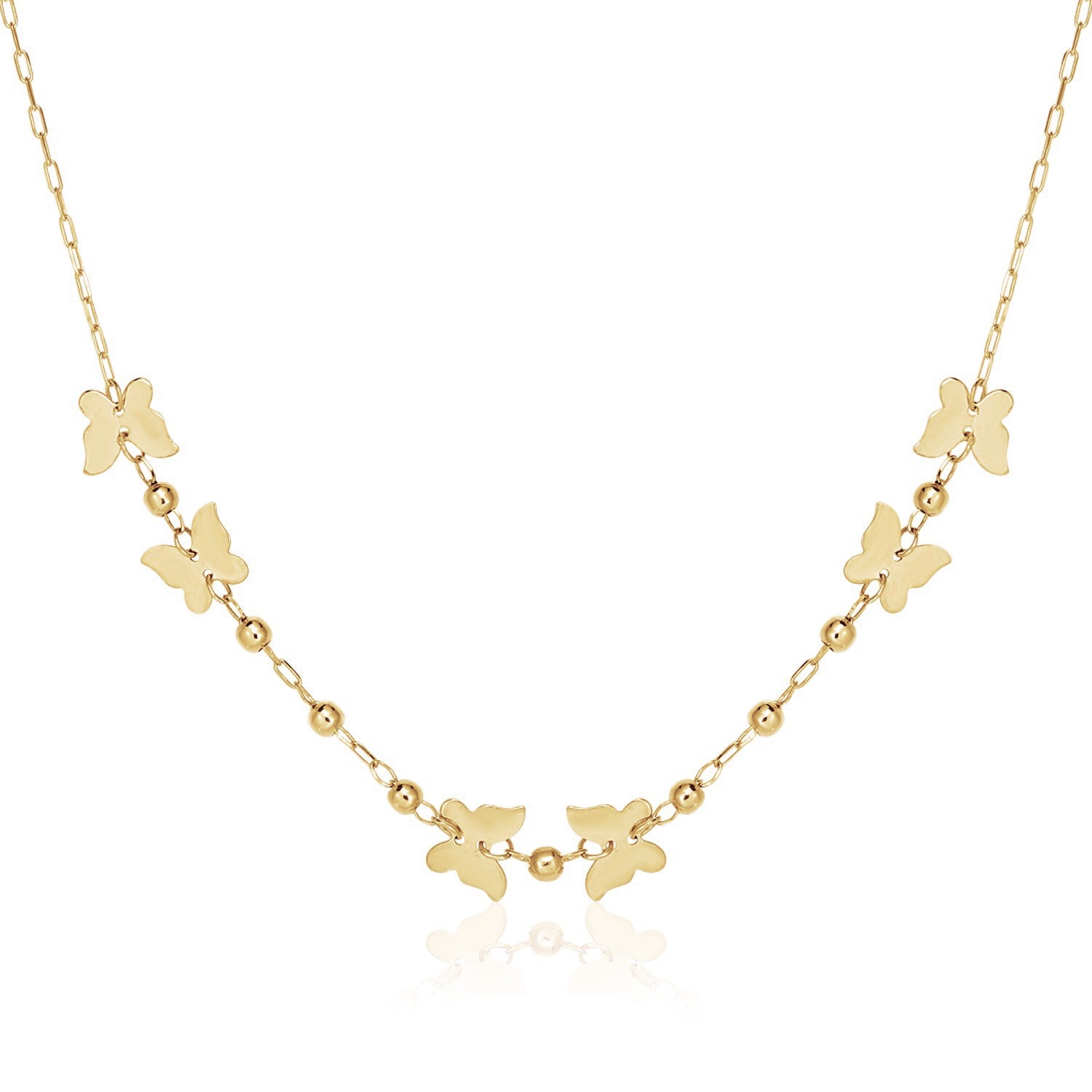 14k yellow gold 18-inch necklace featuring polished butterflies and beads in a contemporary luxury design.