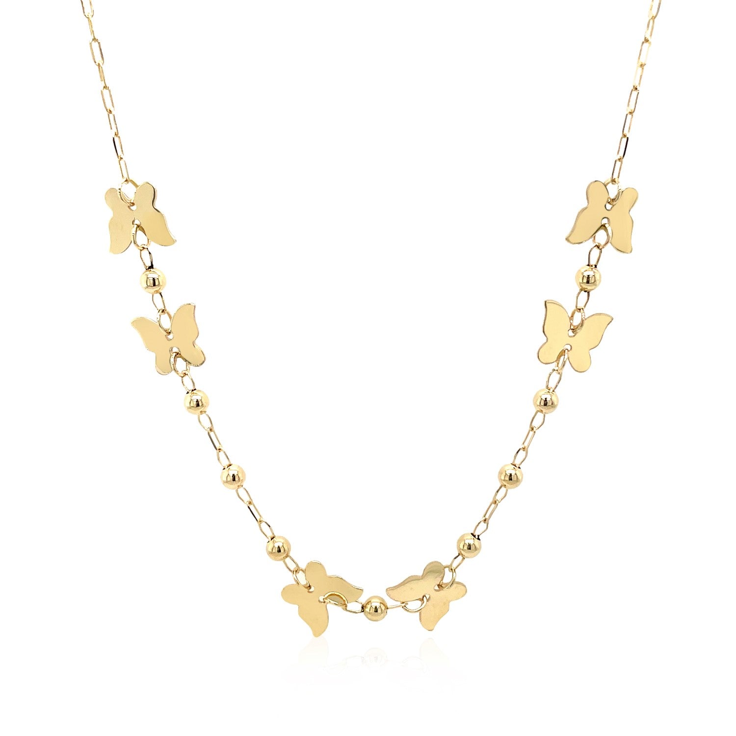14k yellow gold necklace featuring polished butterflies and beads, showcasing contemporary luxury design.