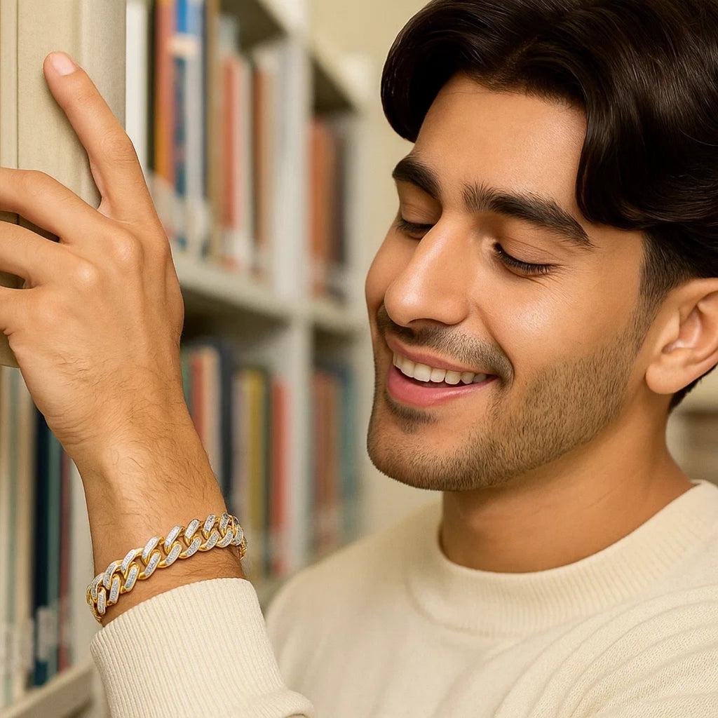 14k two-tone gold curb chain bracelet featuring white pave accents, contemporary design, and luxurious 11.50 mm width.
