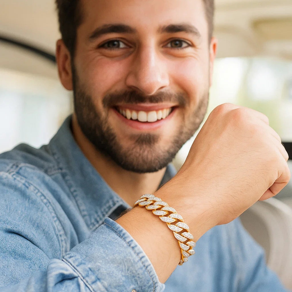 14k two-tone gold curb chain bracelet with white pave accents, contemporary design, 8 1/2 inch length.