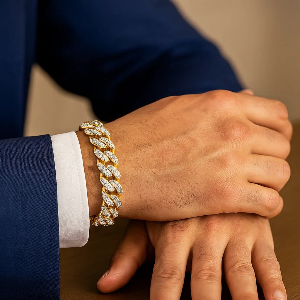 14k two-tone gold curb chain bracelet with white pave accents, contemporary design, 8 1/2 inches long.