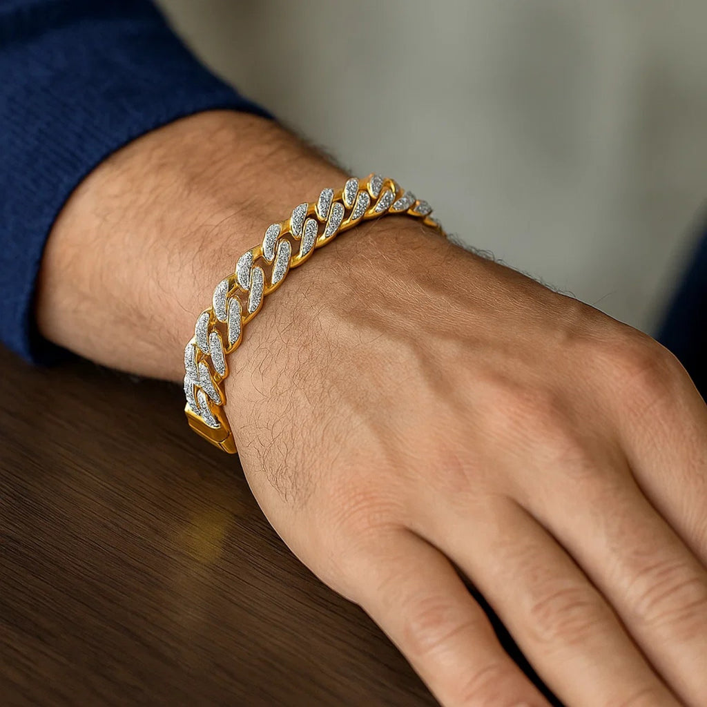 14k two-tone gold curb chain bracelet with white pave accents, contemporary design, 8 1/2 inches long.