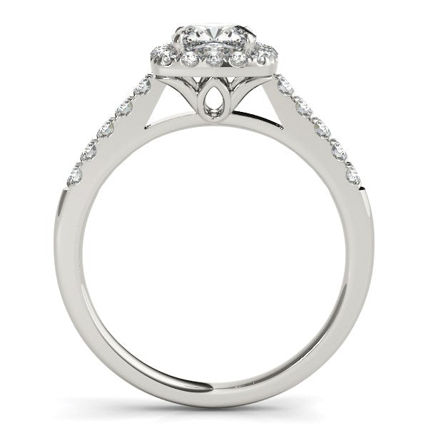 14k white gold modern engagement ring featuring a round diamond in a prong setting, showcasing a unique square outer shape.