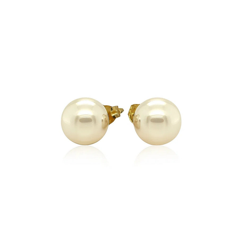 14k yellow gold stud earrings featuring exquisite 7mm freshwater cultured pearls in a classic round design.