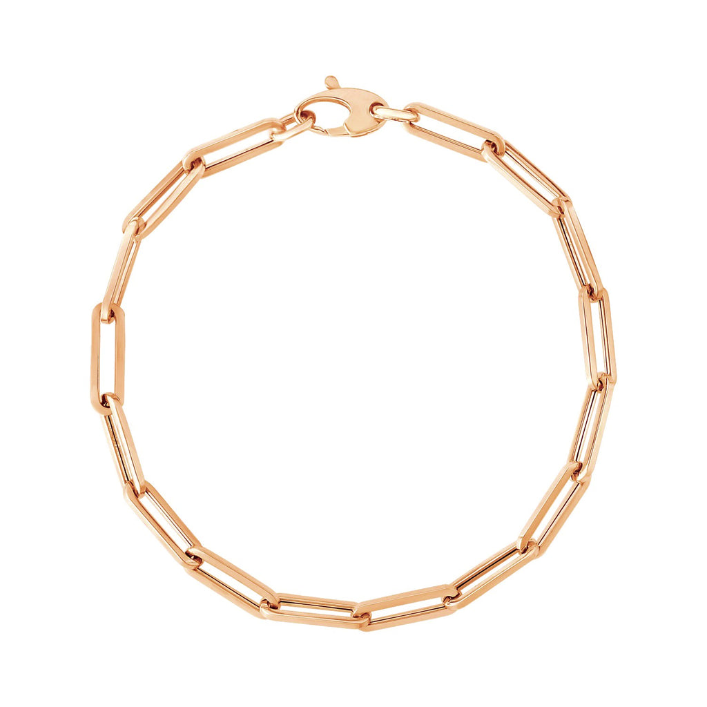 14K rose gold bold paperclip chain bracelet featuring modern links, perfect for elegant layering or standalone wear.