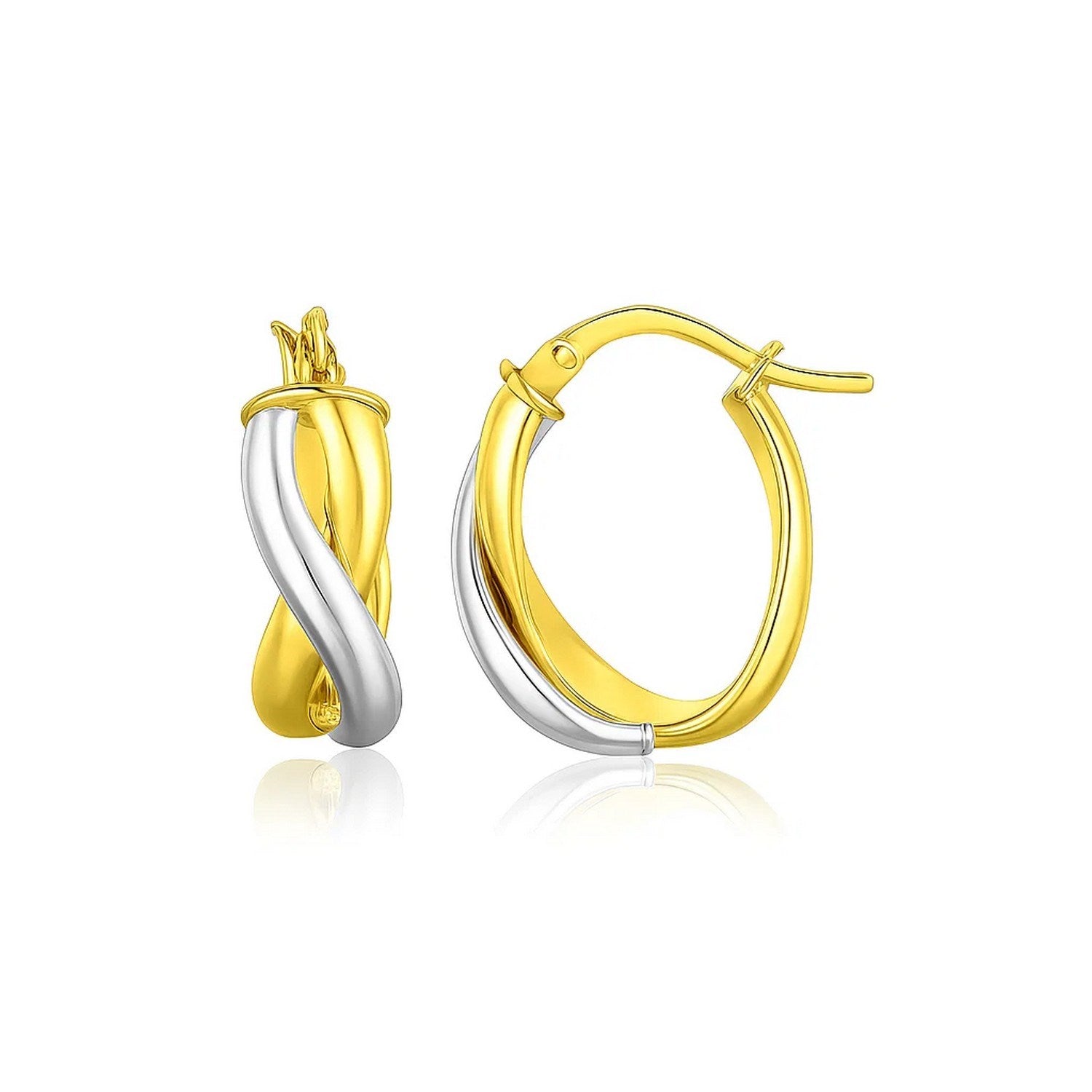 14k two-tone gold oval twisted hoop earrings, modern design with a luxurious finish, perfect for elegant occasions.