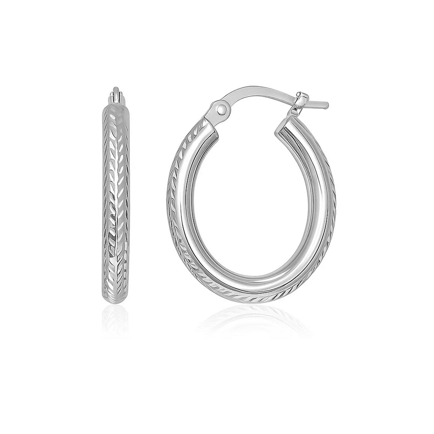 14k white gold diamond cut textured hoop earrings, modern oval design, perfect for elegant occasions and everyday luxury.
