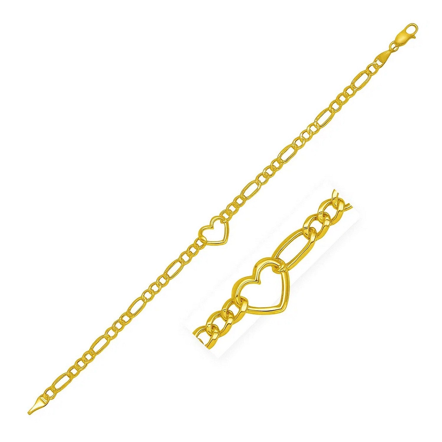 14k yellow gold 7-inch Figaro chain bracelet featuring a heart link design, perfect for contemporary elegance.