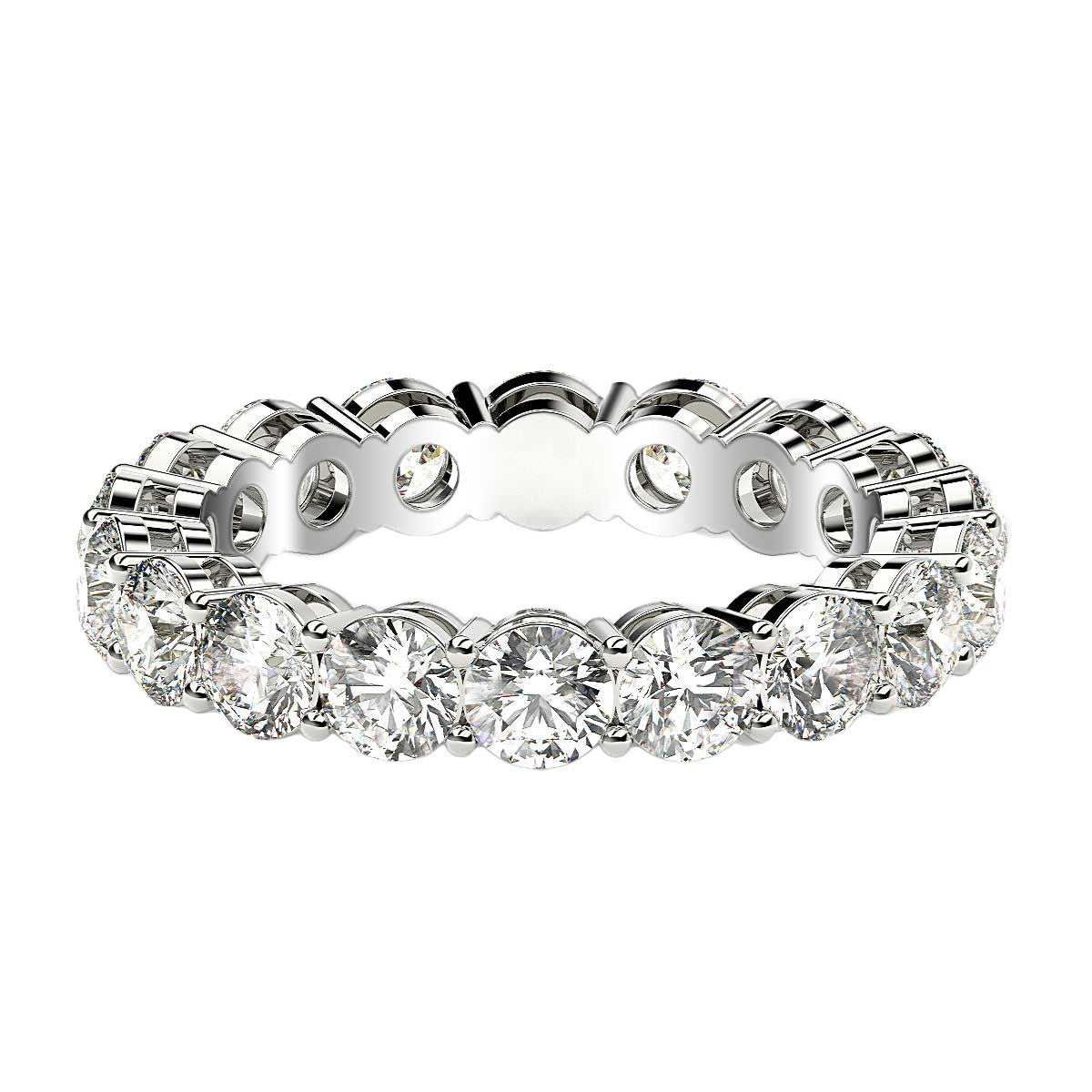 Round cut lab-grown diamond eternity ring in 14k white gold, featuring a modern prong setting and exquisite sparkle.
