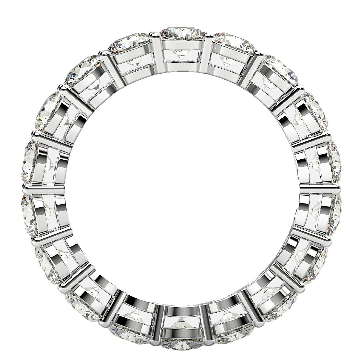Round cut lab-grown diamond eternity ring in 14k white gold, featuring a modern prong setting and elegant design.