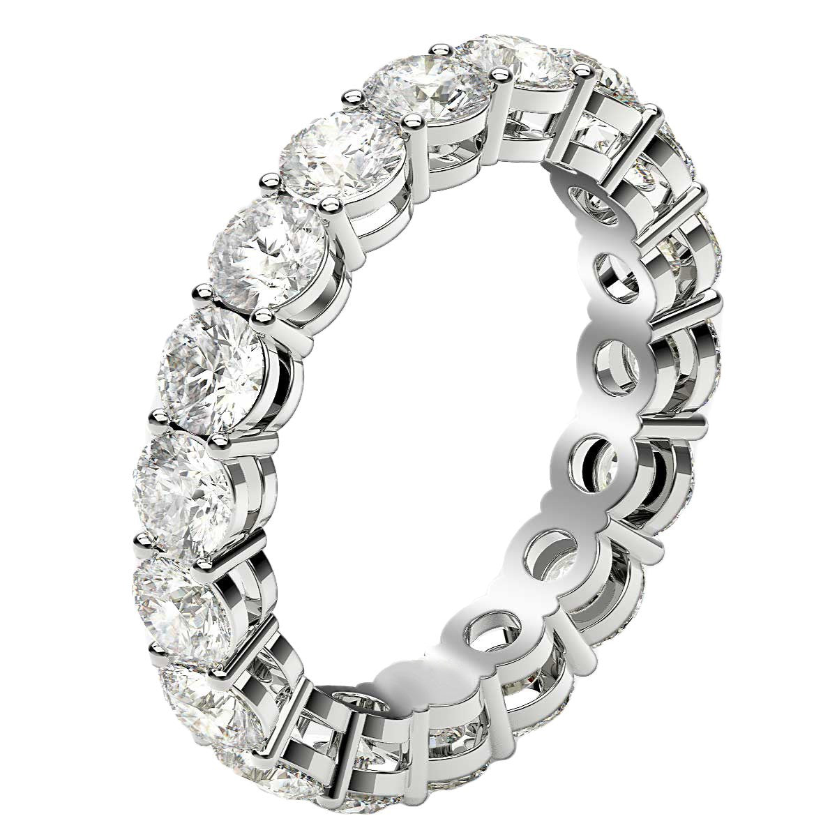 Round cut lab-grown diamond eternity ring in 14k white gold, featuring a modern prong setting and exquisite sparkle.