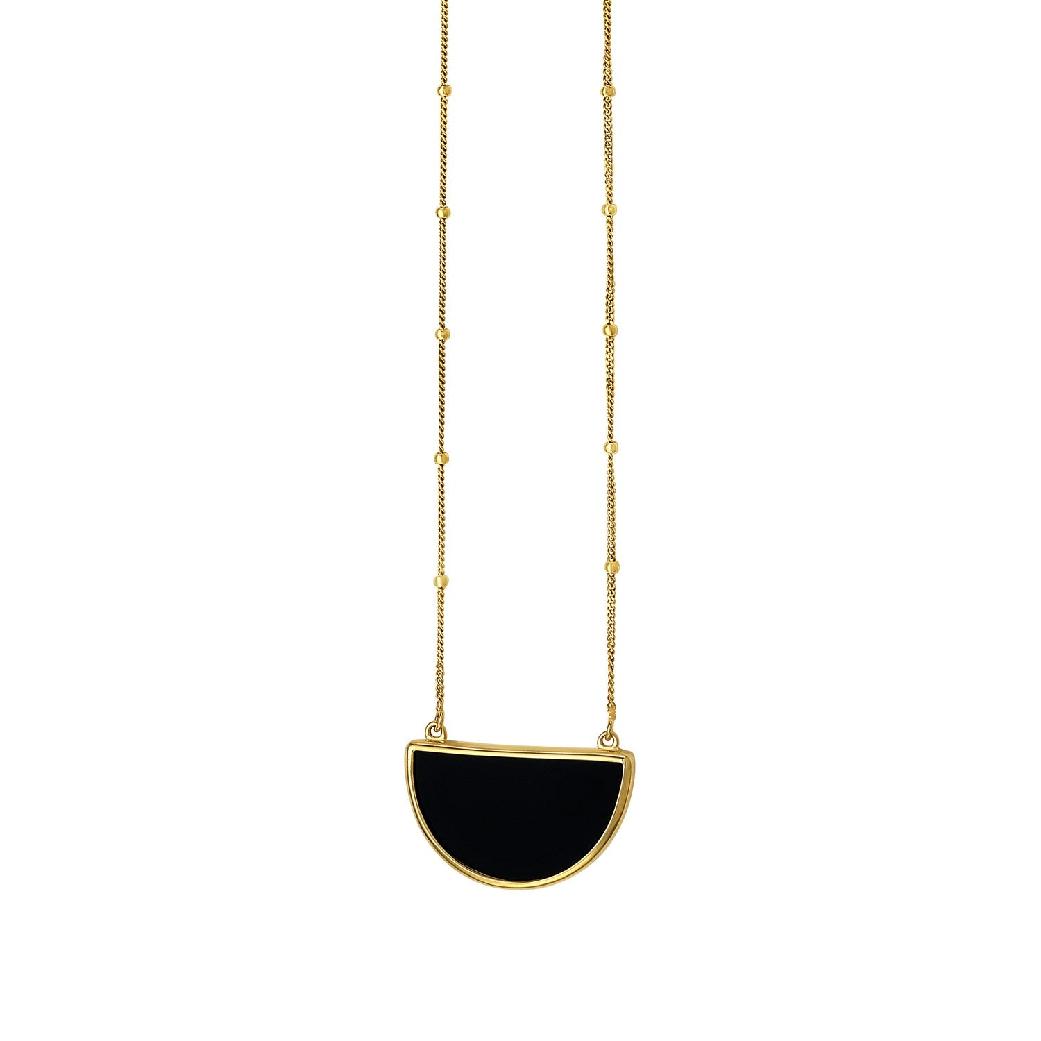Onyx geometric half moon necklace in 14k yellow gold with modern chain design for a luxurious statement.