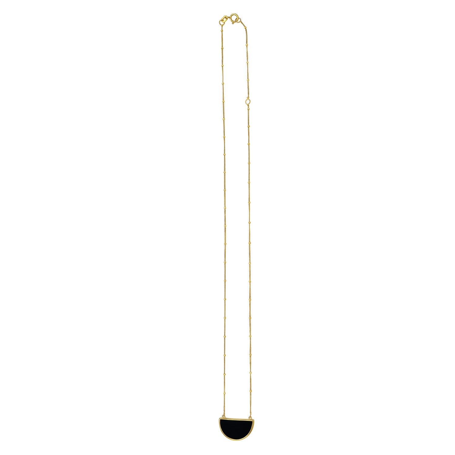 Onyx geometric half moon necklace in 14k yellow gold with modern chain design, showcasing luxury craftsmanship.