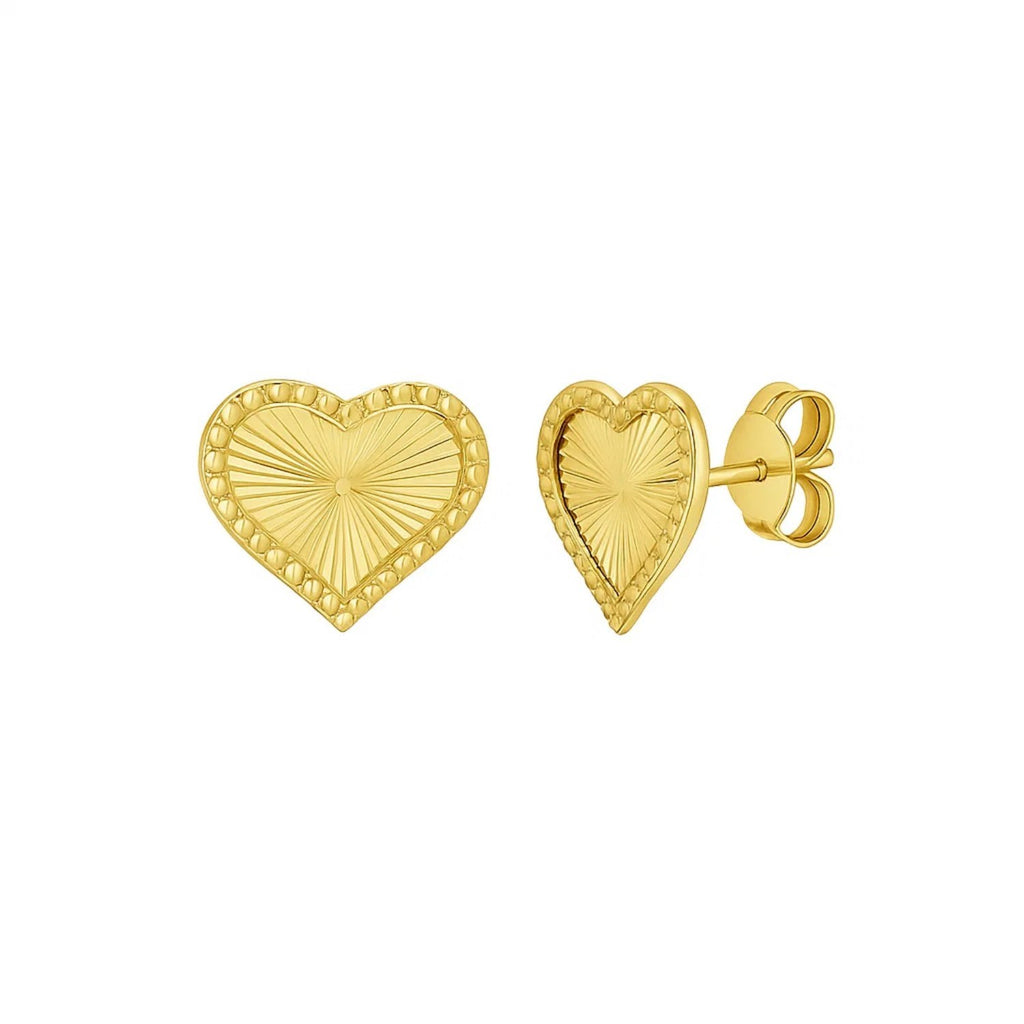 14k yellow gold modern heart stud earrings radiating elegance with a sleek, minimalist design.