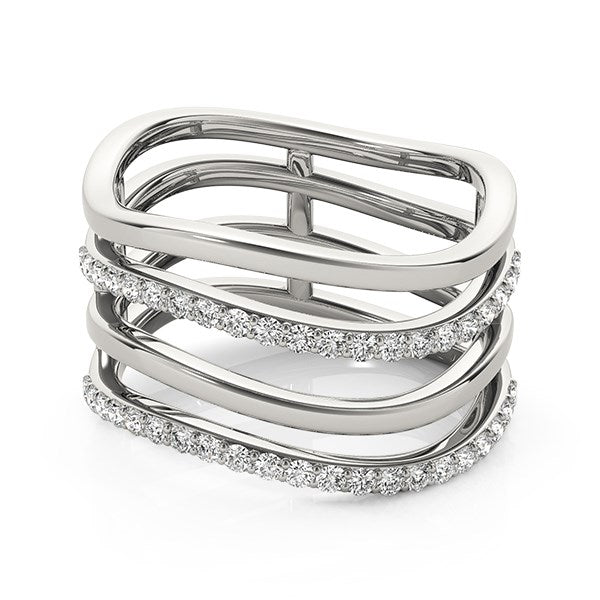 14k white gold modern multiple band ring adorned with sparkling round diamonds in a refined prong setting