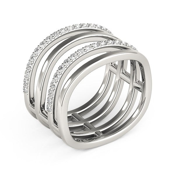 14k white gold multiple band design ring featuring round diamonds in a modern prong setting, showcasing exquisite craftsma...