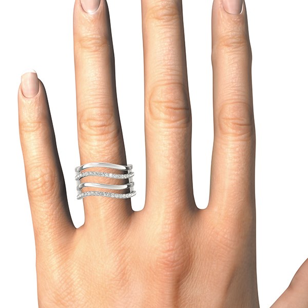 14k white gold modern multiple band ring adorned with sparkling diamonds in a refined prong setting.