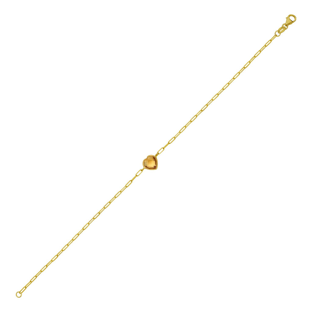 14k yellow gold bracelet featuring a heart-shaped citrine in a refined bezel setting, perfect for elegant occasions.