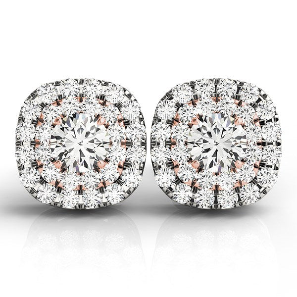 14k white and rose gold diamond halo drop earrings with elegant prong setting for a modern, luxurious look.