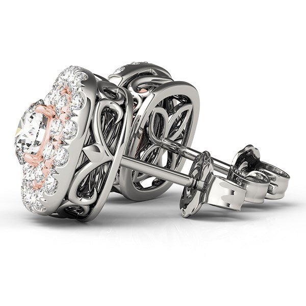 14k white and rose gold diamond halo drop earrings with elegant prong setting and modern design for a luxurious touch.