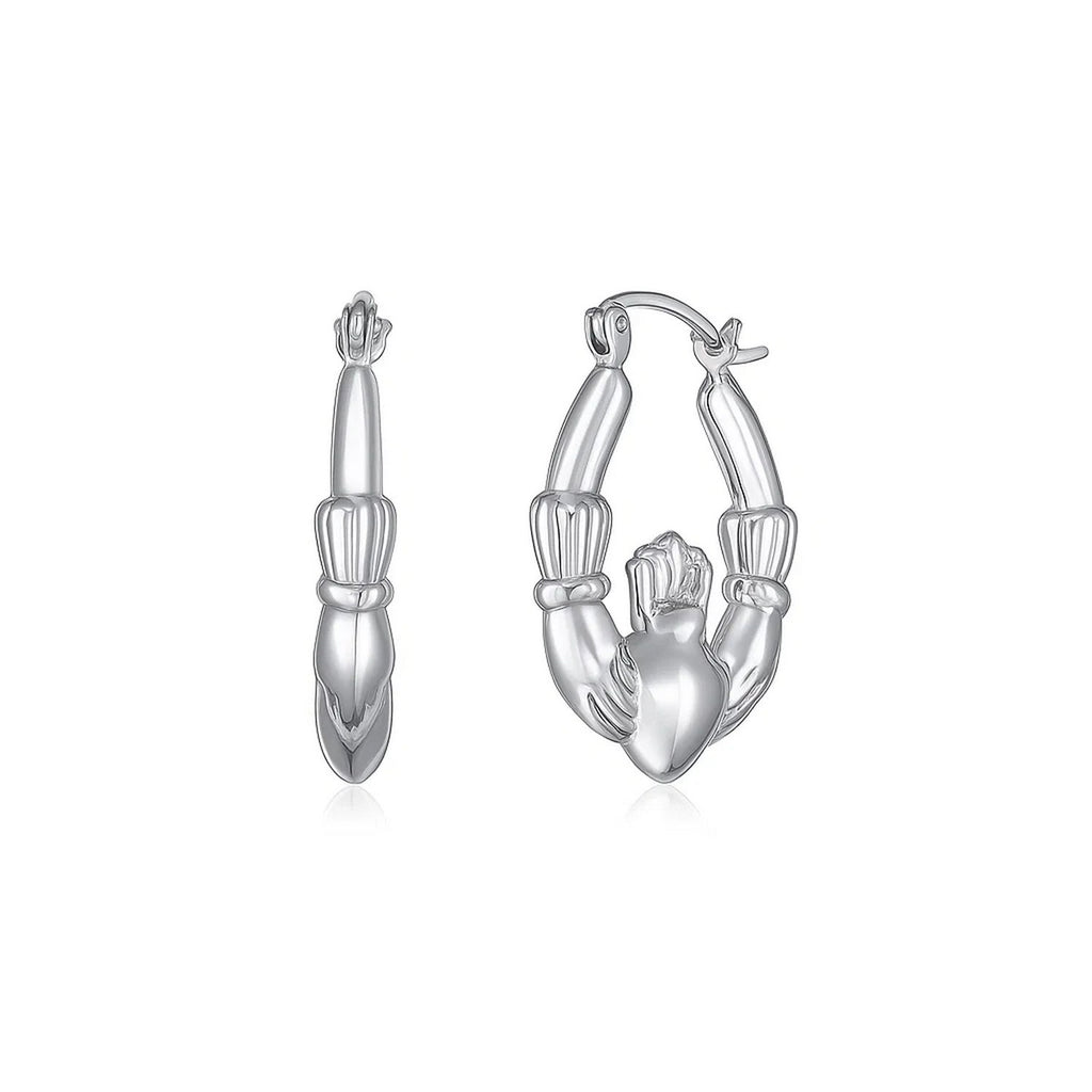 14k white gold polished Claddagh hoop earrings, embodying modern elegance and timeless craftsmanship.