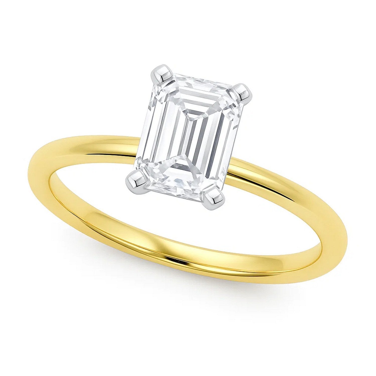 2 carat emerald lab-grown diamond solitaire ring in 10K yellow gold with elegant prong setting and modern design.