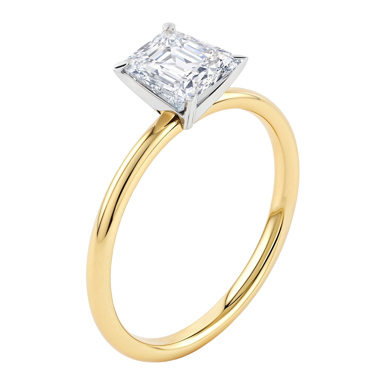 2 carat emerald lab-grown diamond solitaire ring in 10K yellow gold with elegant prong setting and modern design.