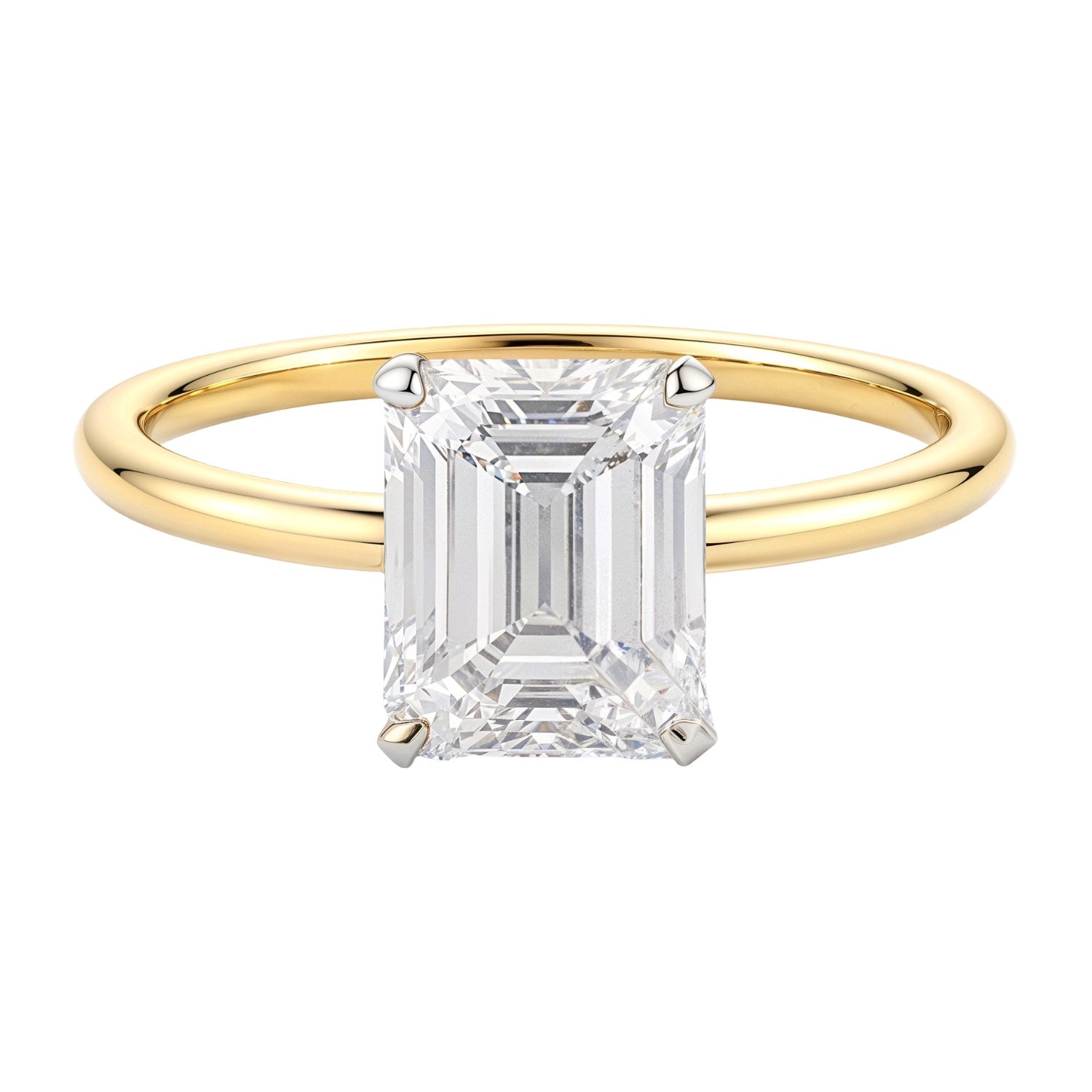 2 carat emerald lab-grown diamond solitaire ring in 10K yellow gold, featuring a modern prong setting.