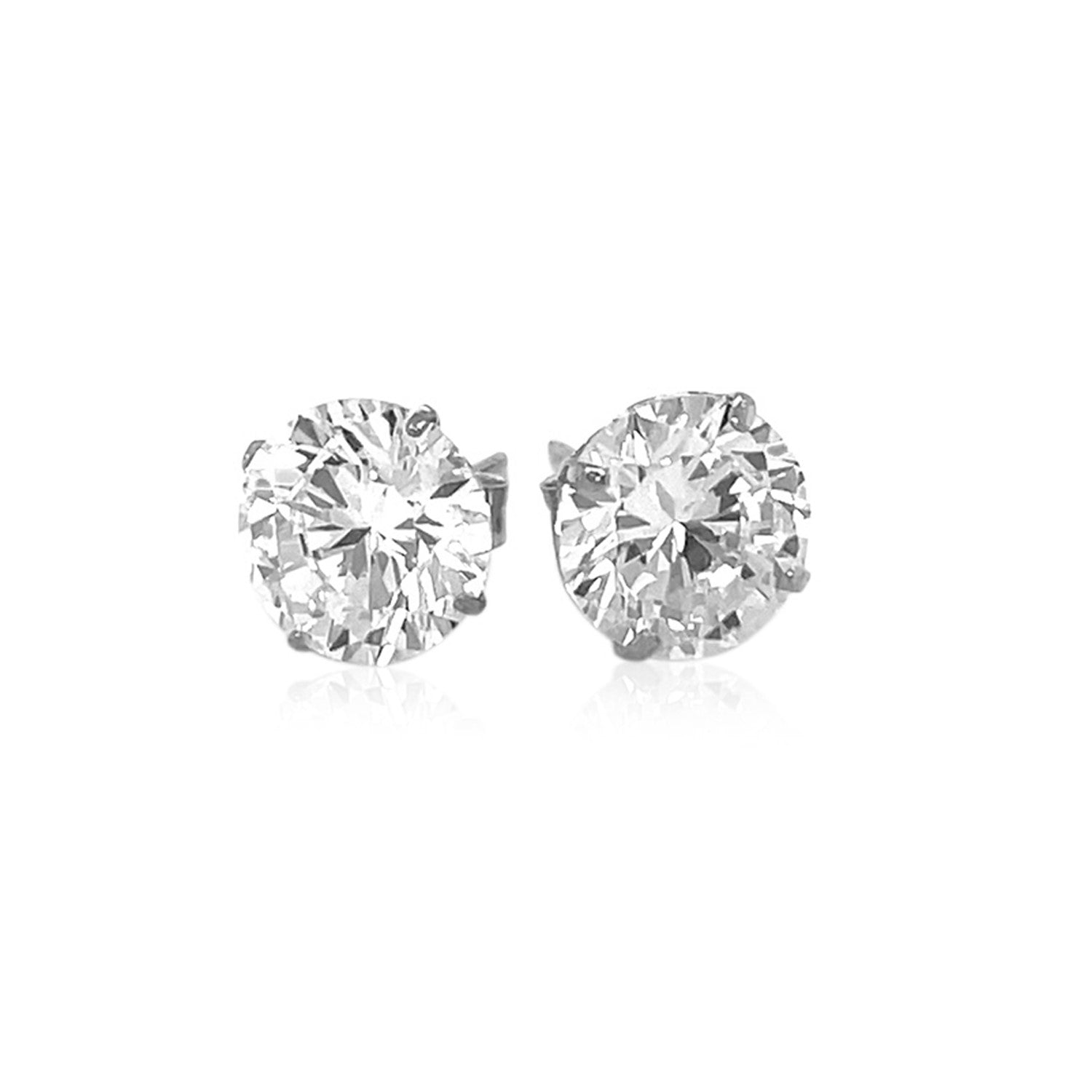 14k white gold round CZ stud earrings in prong setting, modern design, showcasing 8mm brilliance and elegance.