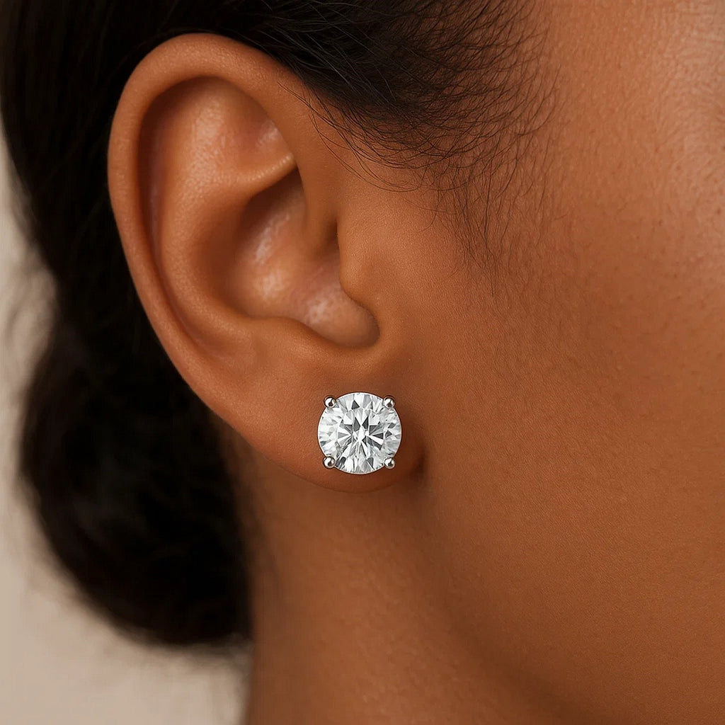 14k white gold round CZ stud earrings in prong setting, modern design, 8mm size, perfect for elegant occasions.