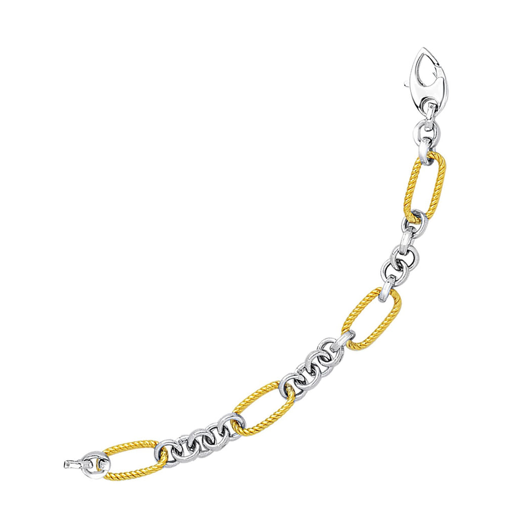 14k two-tone gold bracelet featuring cable textured oval and round links, embodying classic elegance and luxury.