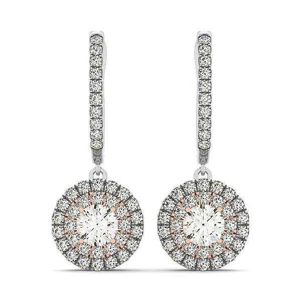 14k white and rose gold diamond drop halo earrings with exquisite prong setting and modern elegance, totaling 3/4 cttw.