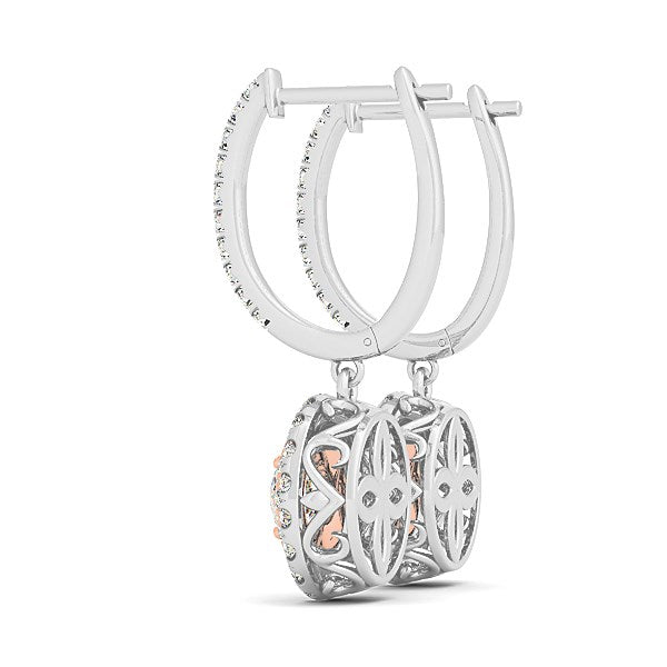 14k white and rose gold diamond drop halo earrings featuring a stunning prong setting and modern design elegance.