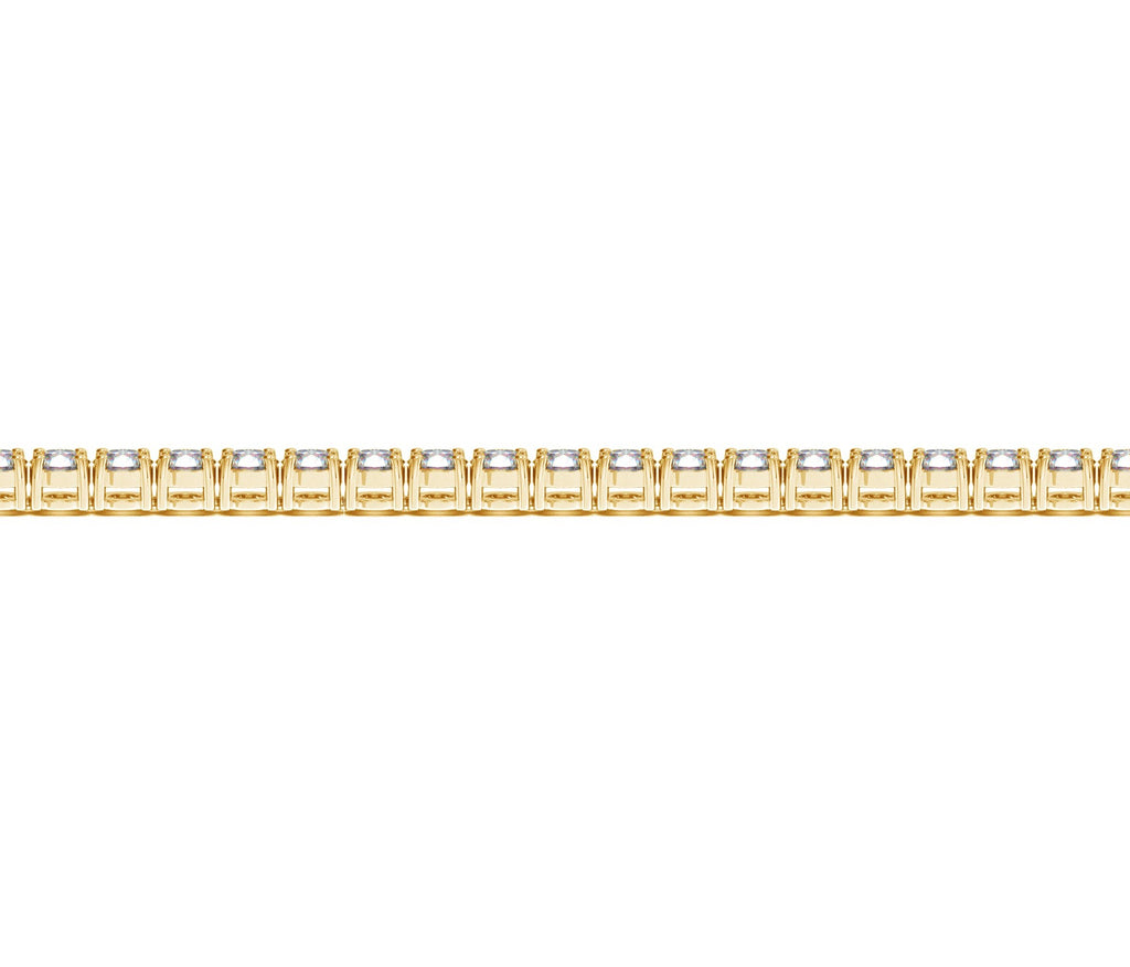 Lab-grown diamond tennis bracelet in 14k yellow gold, featuring a modern prong setting and 5 cctw of F/G VS2/SI1 diamonds.