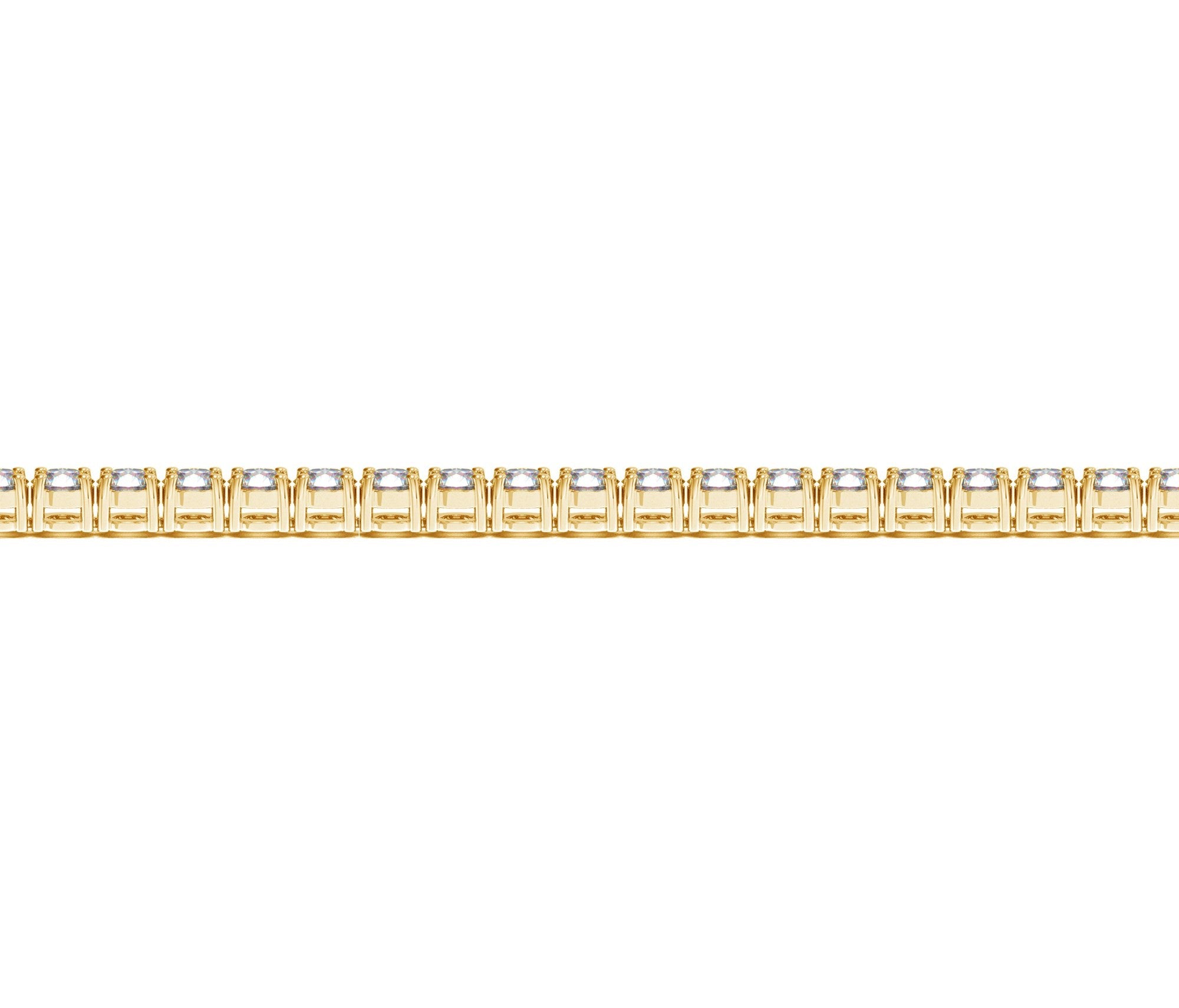 Lab-grown diamond tennis bracelet in 14k yellow gold, featuring a modern prong setting and 5 cctw of F/G VS2/SI1 diamonds.