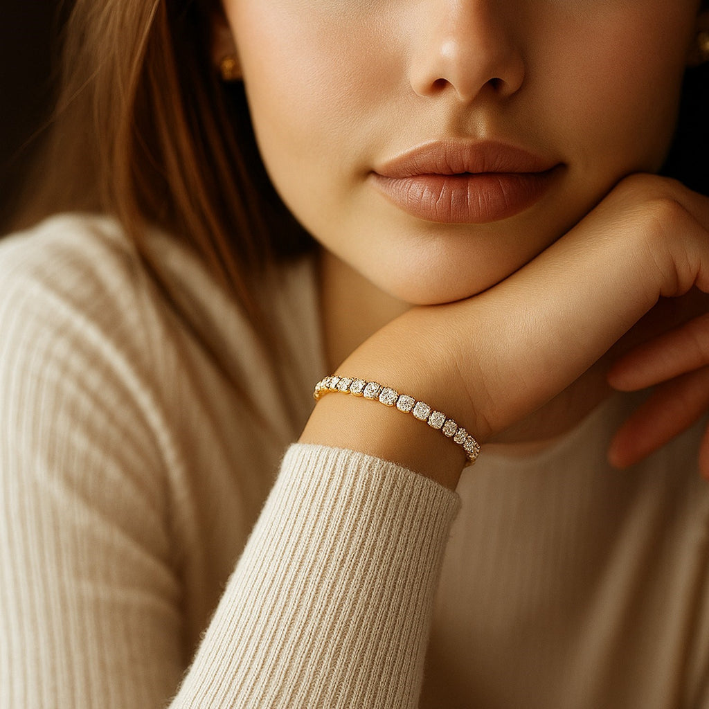 Lab grown diamond tennis bracelet in 14k yellow gold, featuring prong setting and modern design, 5 cctw F/G VS2/SI1.