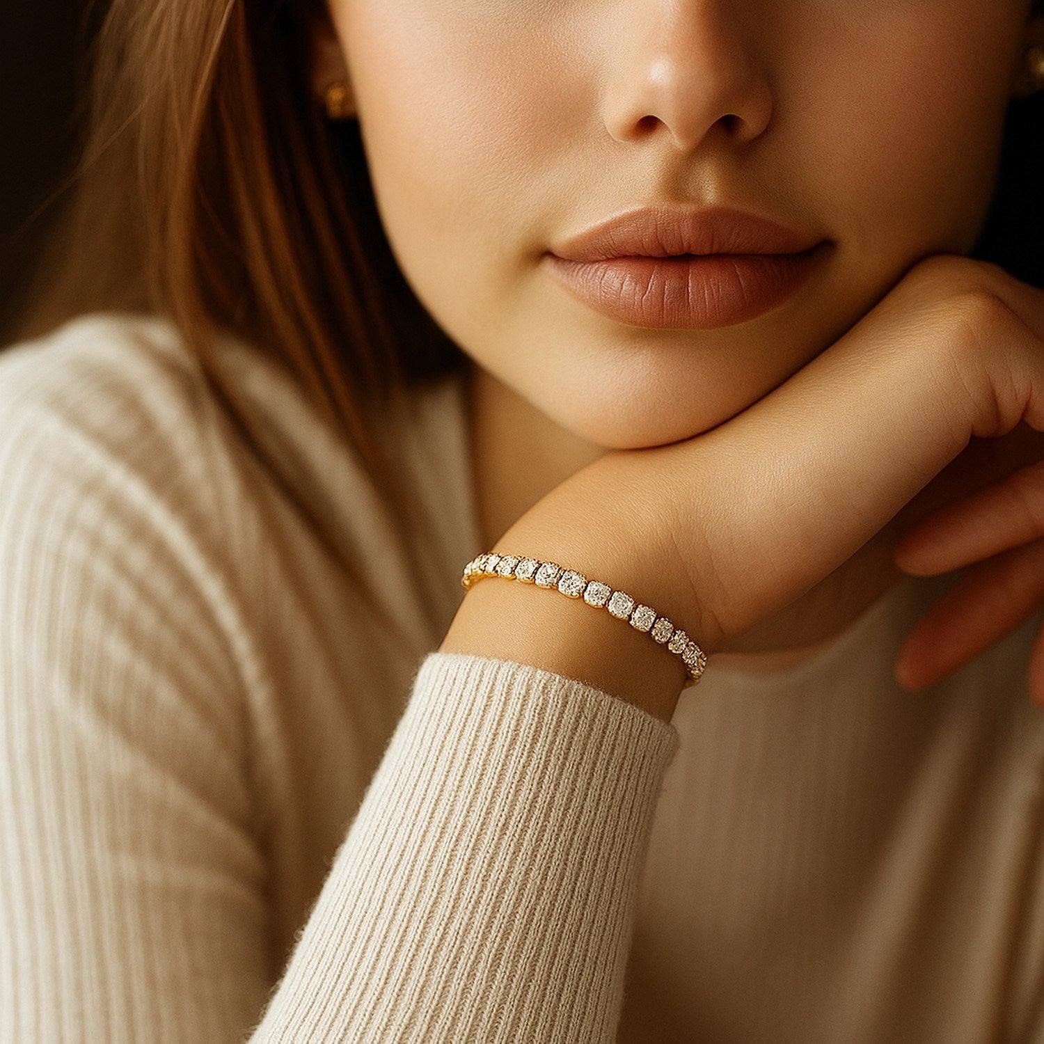 Lab grown diamond tennis bracelet in 14k yellow gold, featuring prong setting and modern design, 5 cctw F/G VS2/SI1.