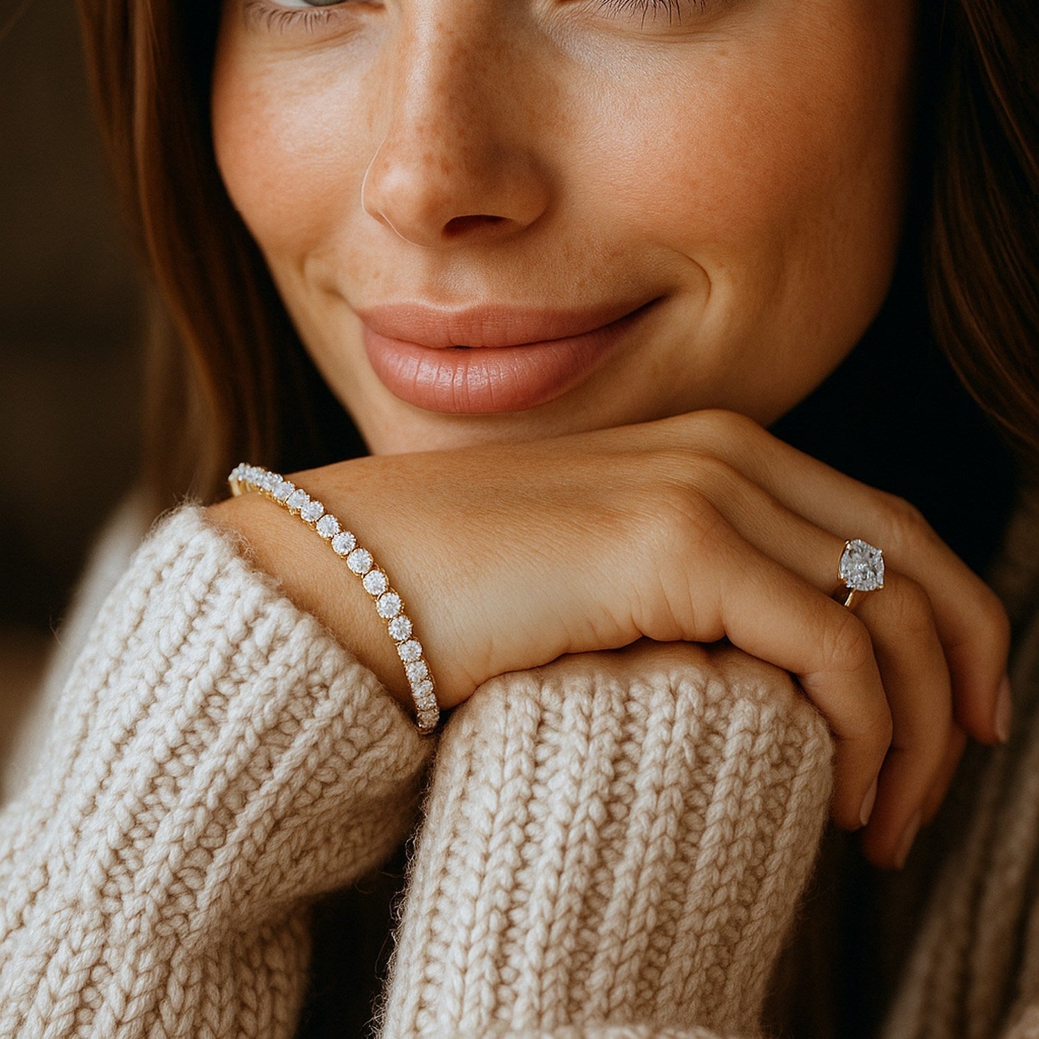 Lab grown diamond tennis bracelet in 14k yellow gold, featuring prong setting and modern design, 5 cctw F/G VS2/SI1.