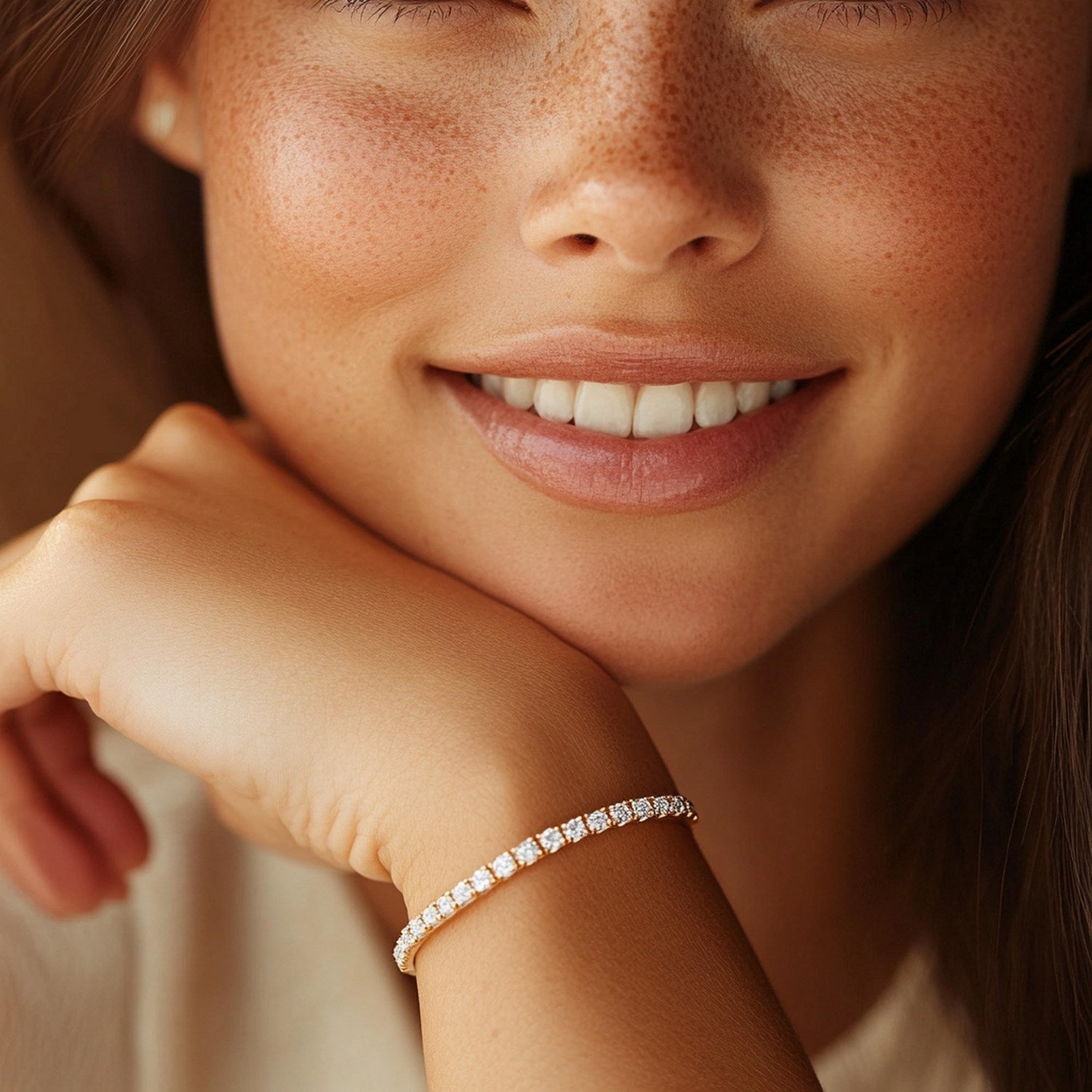 Lab grown diamond tennis bracelet in 14k yellow gold, featuring a modern prong setting and 5 cctw of F/G VS2/SI1 diamonds.