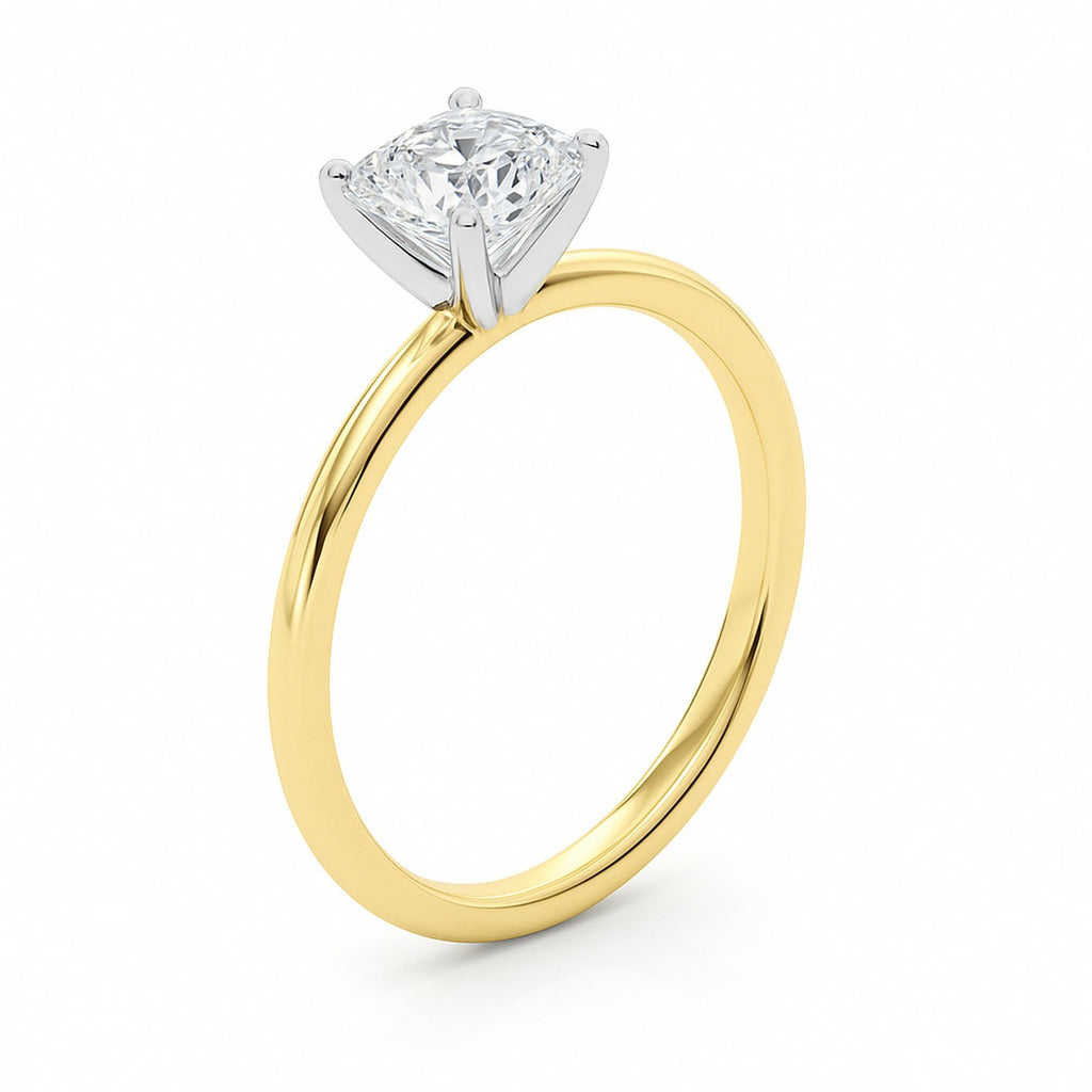 1 carat cushion lab-grown diamond solitaire ring in 14k yellow gold with elegant prong setting, modern design.