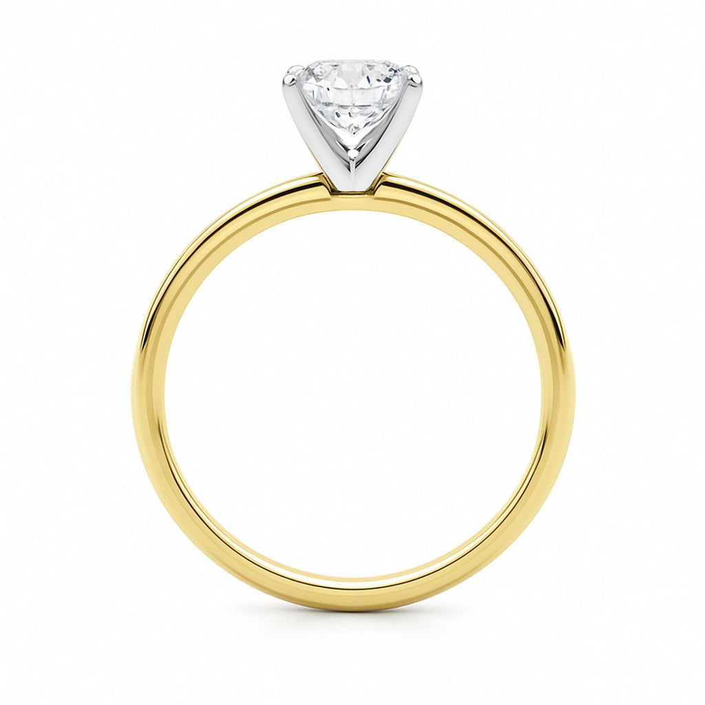 1 carat cushion lab-grown diamond solitaire ring in 14k yellow gold with elegant prong setting, modern design.