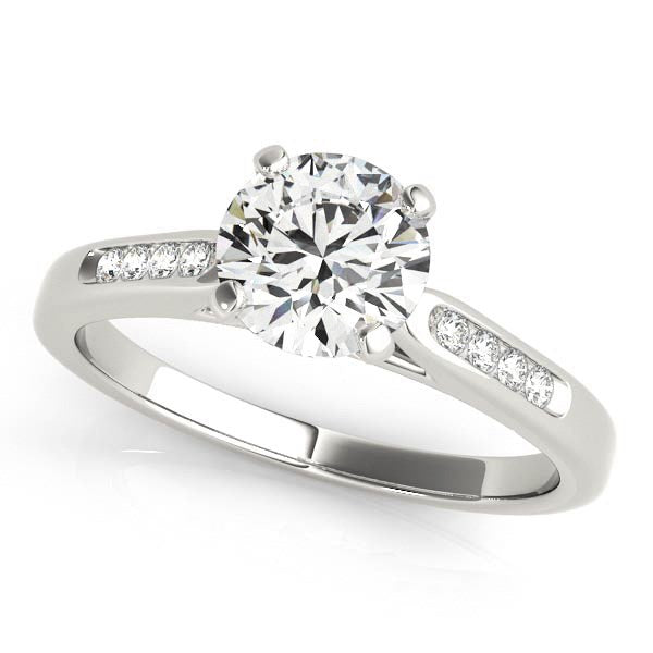 14k white gold single row diamond engagement ring with modern prong setting and round brilliant diamonds, 1 cttw.