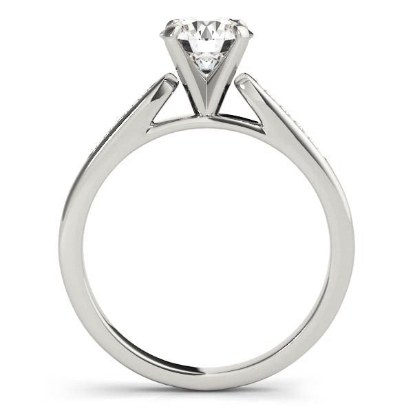 14k white gold single row diamond engagement ring with modern prong setting and round brilliant stones, elegant design.