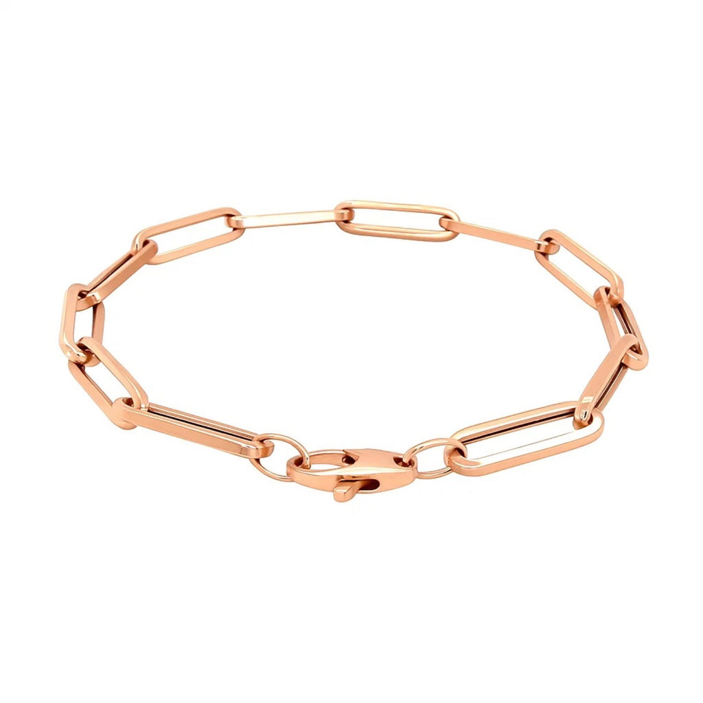 14k rose gold extra wide paperclip chain bracelet, modern design with elegant round links, perfect for luxury styling.