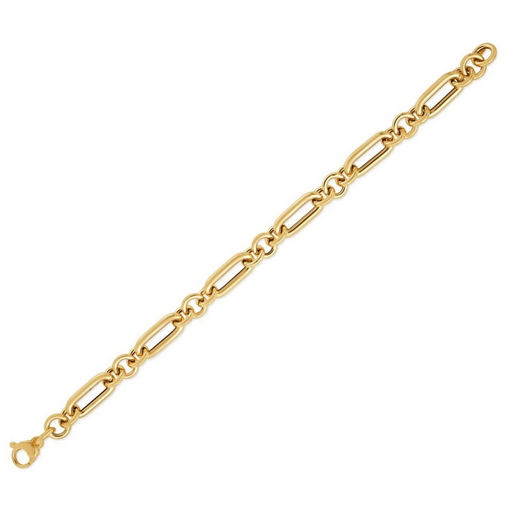 14k yellow gold modern bracelet featuring alternating paperclip and round links, perfect for elegant layering.