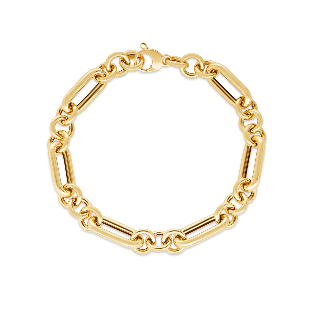 14k yellow gold modern bracelet featuring elegant alternating paperclip and round links, showcasing Italian craftsmanship.
