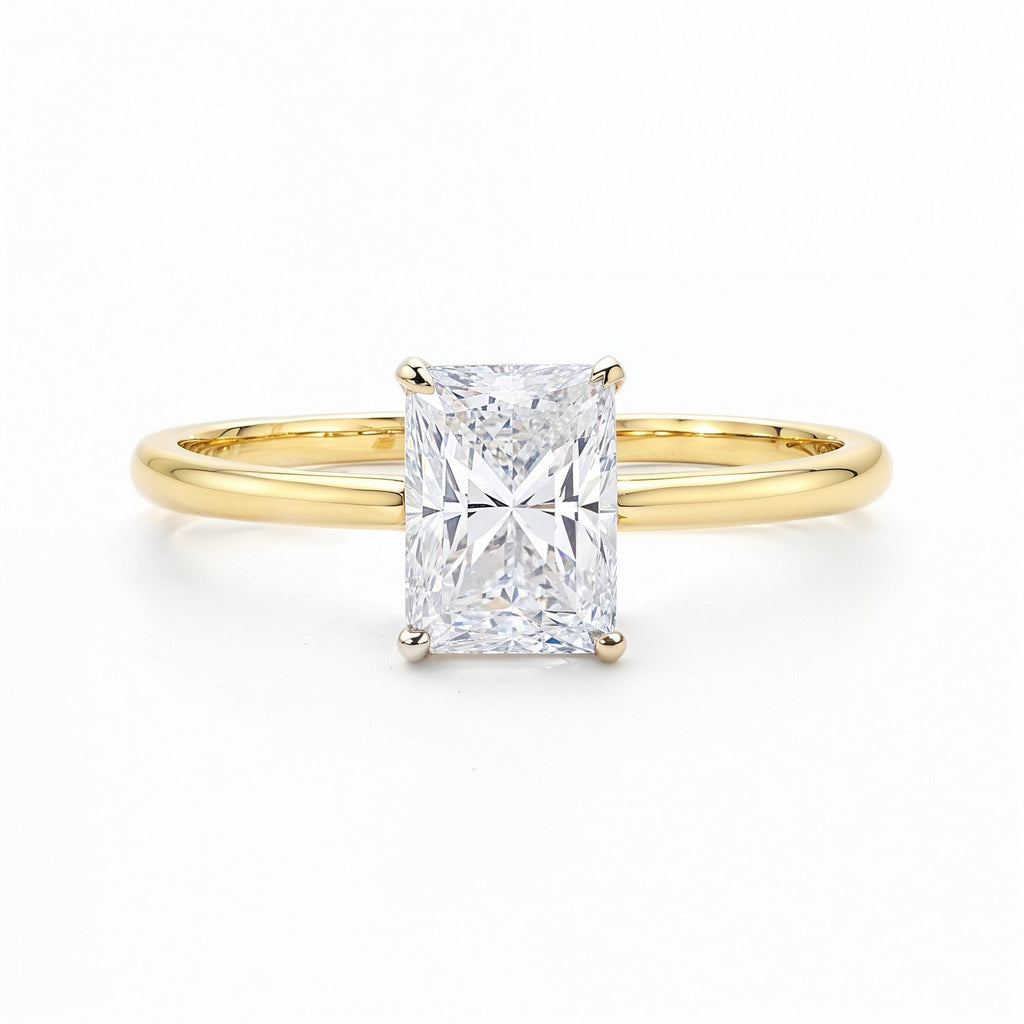 1.50Ct radiant lab-grown diamond ring in 14k yellow gold with modern prong setting, showcasing exquisite craftsmanship.
